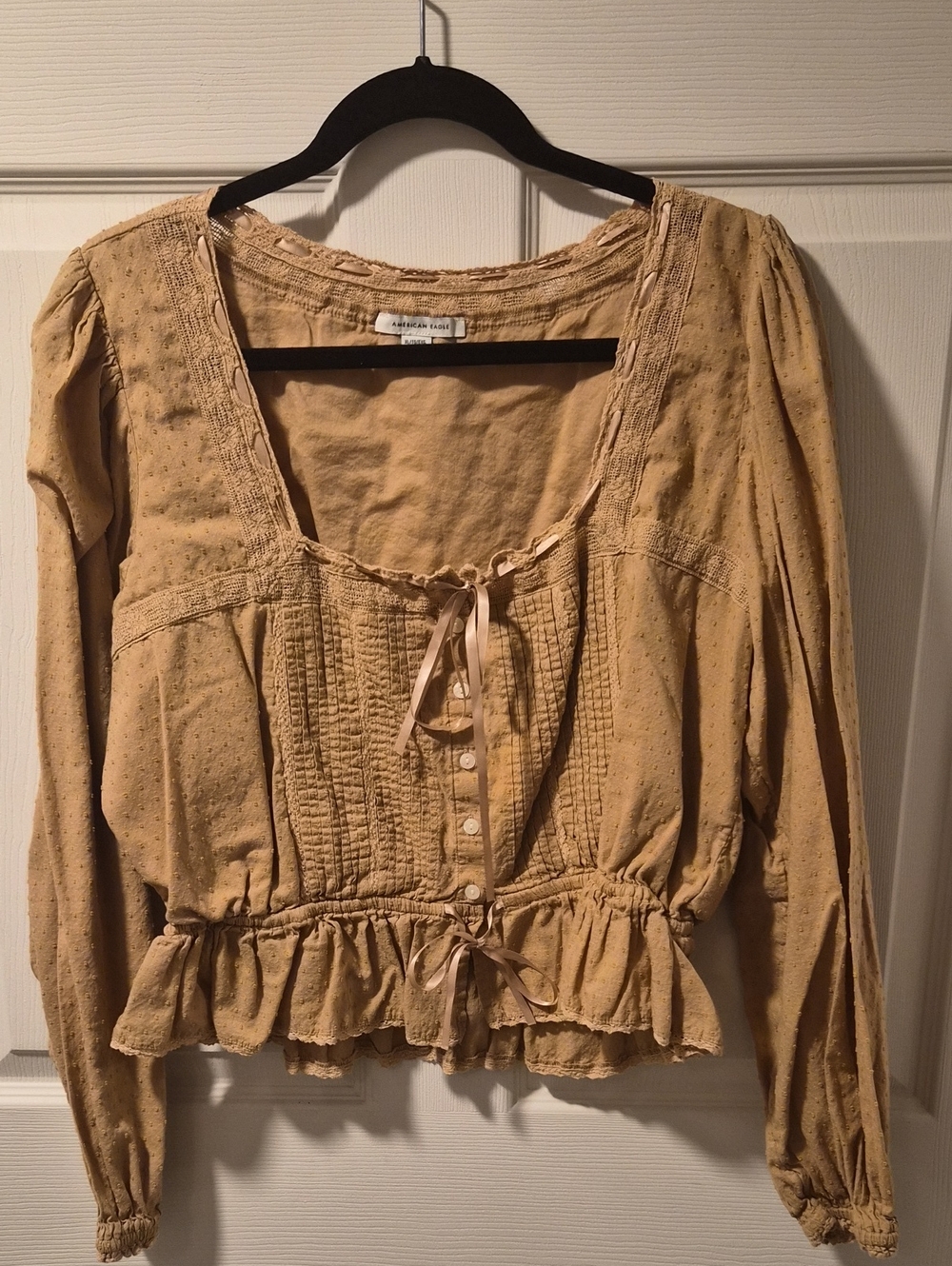 American Eagle Outfitters Camel Tan Ruffle Peasant Blouse